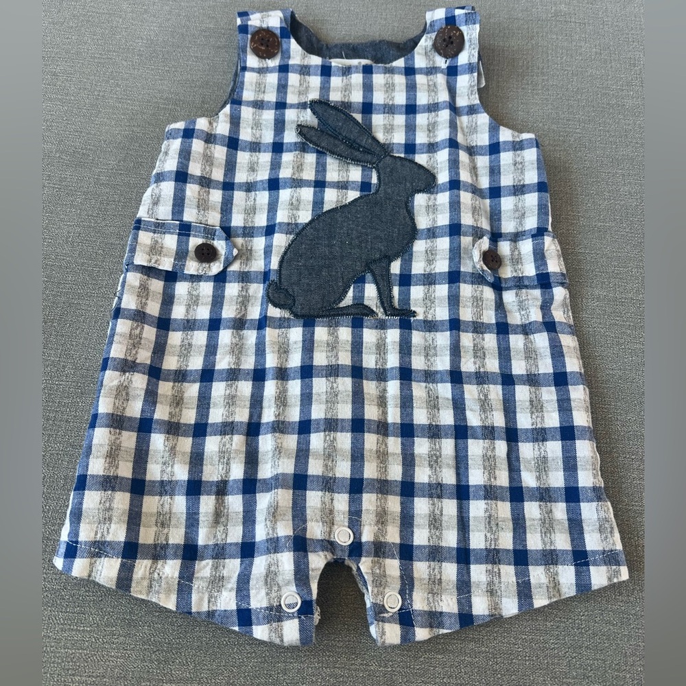 Mudpie Baby Boy 6/9mo Rabbit Bunny Applique Shortall Jumper Easter Blue Plaid
